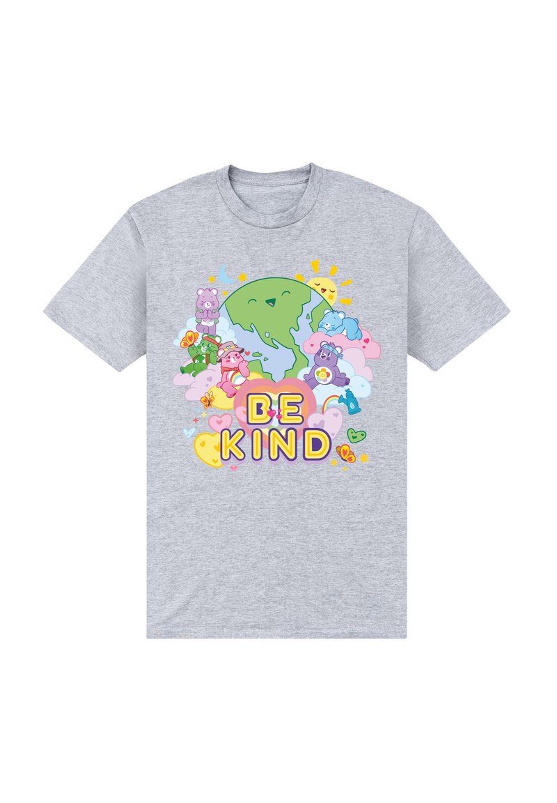 Grå bomulls-T-shirt med en färgglad tecknad design som visar jorden, moln och texten "VAR SNÄLL" i fet, lekfull stil.