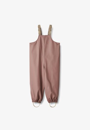 Atsparios rožinės kombinezonas su reguliuojamais béžiniais diržais, elastingais rankogaliais ir apvaliais kilpos kraštuose. Lygus paviršius ir minimalus dizainas.