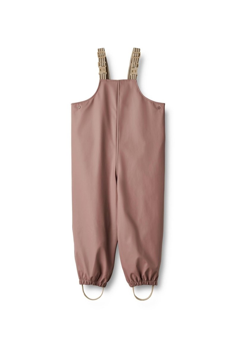 Waterdichte roze overall met verstelbare beige schouderbanden, elastische boorden en ronde lussen aan de onderrand. Zachte textuur en minimalistisch ontwerp.
