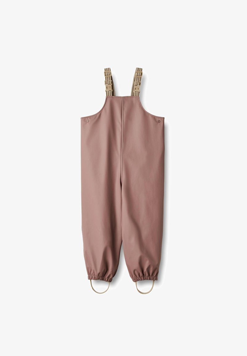 Waterproof pink overalls with adjustable beige straps, elastic cuffs, and circular loops at the hem. Smooth texture and minimal design.