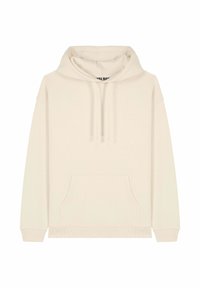 Kremkrāsas kapuces džemperis ar kangarū vēlni, ribotām piedurknēm un apakšmalu, izgatavots no mīksta auduma, ar divām vilkšanas auklām kapucei.