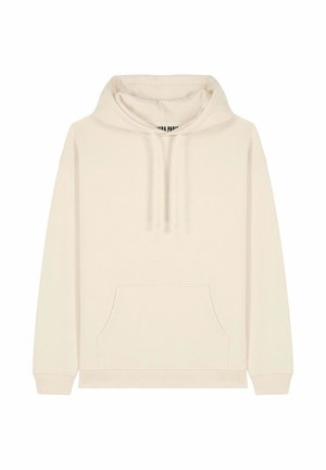 Kreminės spalvos su gobtuvu ir kengūros kišene, su raibais rankogaliais ir apvadu, pagaminta iš minkštos medžiagos, su dviem virvutėmis prie gobtuvo.