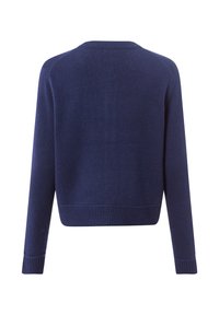 Navyblauwe trui met een geribde zoom en manchet, met een ronde halslijn en een gladde textuur, ontworpen voor een getailleerde pasvorm.