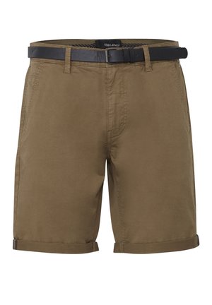 Barna pamut rövidnadrág lapos elejével, övhurkokkal és felgöngyölített szegéllyel. Két oldalsó zsebbel és márkázott derékpánttal rendelkezik.