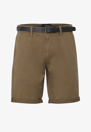 Barna pamut rövidnadrág lapos elejével, övhurkokkal és felgöngyölített szegéllyel. Két oldalsó zsebbel és márkázott derékpánttal rendelkezik.