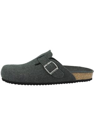 Clog grigio in feltro con fibbia, soletta in sughero e suola in gomma testurizzata. Presenta una parte posteriore aperta e una superficie superiore morbida e liscia.