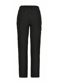 Zwarte broek met een middelhoge elastische tailleband, recht gesneden ontwerp, gladde textuur en zonder zichtbare patronen of accenten.
