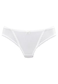 Hvide trusser med blonder, der har en delikat sløjfe foran, en glat satinlignende tekstur og et lavtaljes design.