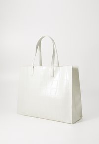 White crocodile-embossed tote bag with smooth texture, structured shape, and double handles. Clean design, no visible hardware or embellishments.