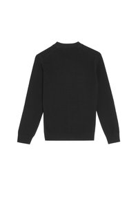 Schwarzer Rundhalsausschnitt-Pullover mit langen Ärmeln, aus glattem Stoff. Mit gerippten Bündchen und Saum. Minimalistisches Design, ohne Muster oder Verzierungen.