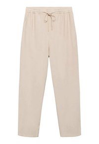 Beige, lichte, taps toelopende broek met een elastische tailleband en koord. Bevat twee zijzakken en een gladde, niet-geweven stof.