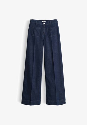 Donkere denim jeans met wijde pijpen en een gladde textuur, voorzien van een knoopsluiting aan de voorkant en twee achterzakken. Minimalistisch ontwerp en op maat gemaakte pasvorm.