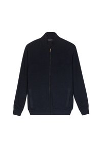 Marineblauer Strick-Zipfelpullover mit Stehkragen, langen Ärmeln, Fronttaschen und gerippten Bündchen und Saum.