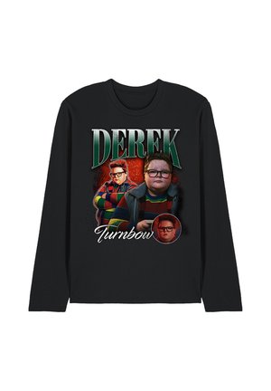 Black long-sleeve shirt with three images of a boy wearing glasses and a striped shirt, text above reads "DEREK" and below reads "Turnbow."