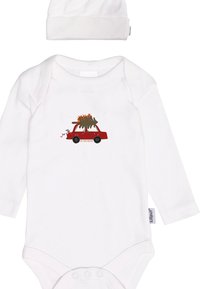 White long-sleeve bodysuit with snap closures, featuring a red car graphic carrying a tree and colorful figures. Includes matching white hat.