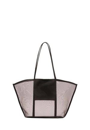 Black mesh tote bag with smooth leather trim. Wide open top, loop handles, and a front pocket for easy access. Textured see-through design.