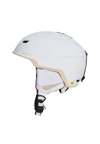 Witte skibril met beige accenten, voorzien van ventilatieopeningen, verstelbare kinband en MIPS-technologie voor verbeterde veiligheid.