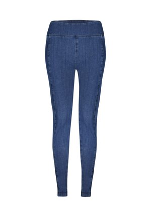 Blue denim skinny jeans with high elastic waistband and no visible pockets or embellishments.