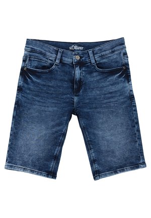 Ciemnoniebieskie szorty jeansowe z przodu zapinane na guzik, szlufkami na pasek i kieszeniami, z nadrukiem efektu sprania oraz metką marki s.Oliver wewnątrz pasa.