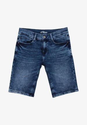 Ciemnoniebieskie szorty jeansowe z przodu zapinane na guzik, szlufkami na pasek i kieszeniami, z nadrukiem efektu sprania oraz metką marki s.Oliver wewnątrz pasa.