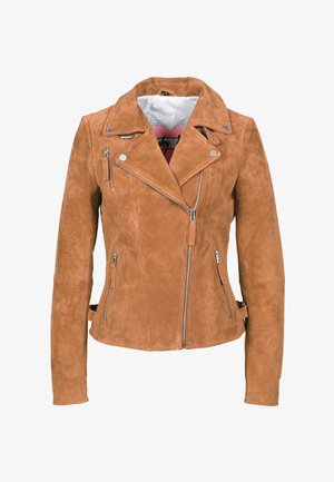 Bruine suède bikerjack met zilverkleurige accenten. Voorzien van ritszakken, asymmetrische ritssluiting aan de voorkant en een gladde voering. Getailleerde pasvorm.