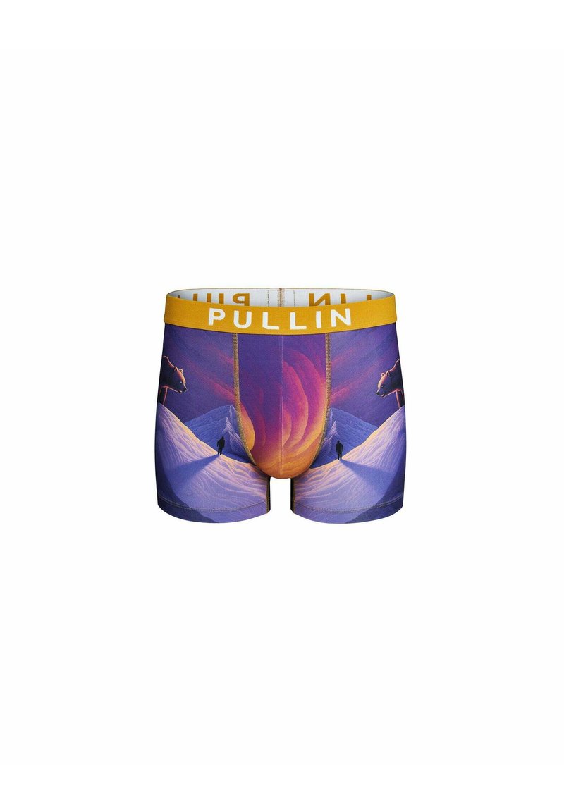 Boxers pour hommes avec une ceinture jaune portant l'inscription "PULLIN". Présentent un design paysager vibrant avec des montagnes et un ours polaire.