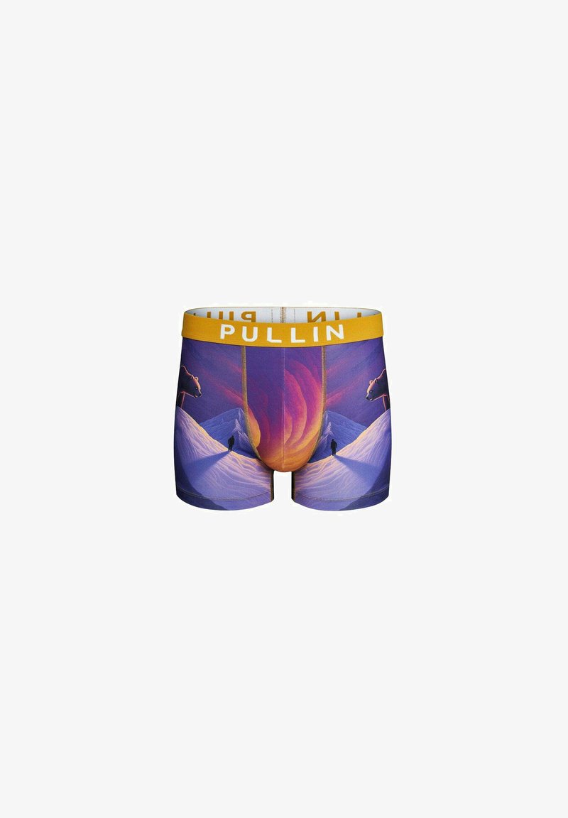 Boxers pour hommes avec une ceinture jaune portant l'inscription "PULLIN". Présentent un design paysager vibrant avec des montagnes et un ours polaire.