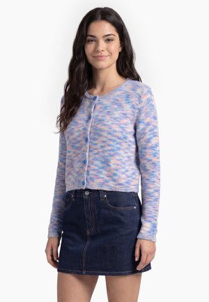 Jonge vrouw met lang donker haar draagt een pastelblauwe en roze gebuttonde cardigan en een donkerblauwe denimrok, staand tegen een effen achtergrond.