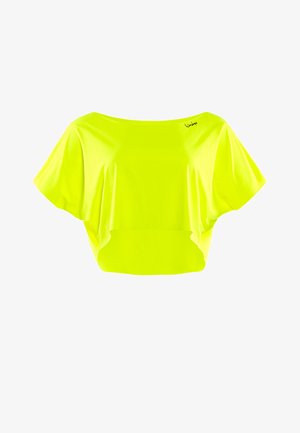 Neon žuti crop top izrađen od glatkog, laganog materijala; široki brodski izrez i kratki rukavi s opuštenim, slobodnim krojem.