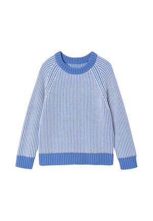 Blau-weiß gestreifter Langarm-Strickpullover mit geripptem Ausschnitt, Bündchen und Saum vor weißem Hintergrund.