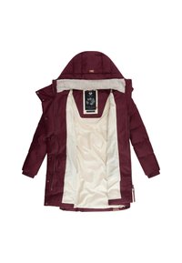 Tamsiai raudona pūkinė striukė su kailiniu gobtuvu, užtrauktuku ir dviem šoniniais kišenėmis; pamušta kreminės spalvos atlasine medžiaga. Viduje yra prekės ženklo žymė.