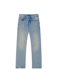 Jasnoniebieskie dżinsy z prostymi nogawkami, wyposażone w pięć kieszeni, delikatne przetarcia oraz klasyczny pas z suwakiem.