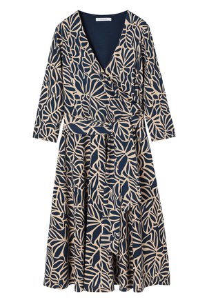 Sötétkék ruha bézs virágmintával, átkötős fazonnal, hosszú ujjal és megkötős derékkal, puha, könnyű anyagból készül.