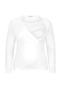 Weißes Langarmoberteil mit Wickeldesign und gekreuztem Detail auf der Brust sowie glattem, elastischem Stoff.
