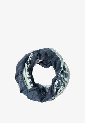 Sciarpa circolare con un mix di tonalità blu scuro e verde menta, caratterizzata da un motivo animalier. Realizzata in tessuto morbido e leggero.