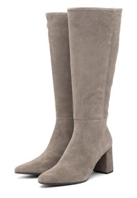 Szare zamszowe kozaki do kolan z wydłużonym noskiem i blokowym obcasem. Gładka tekstura, brak widocznych wzorów oraz starannie wykonane szwy.