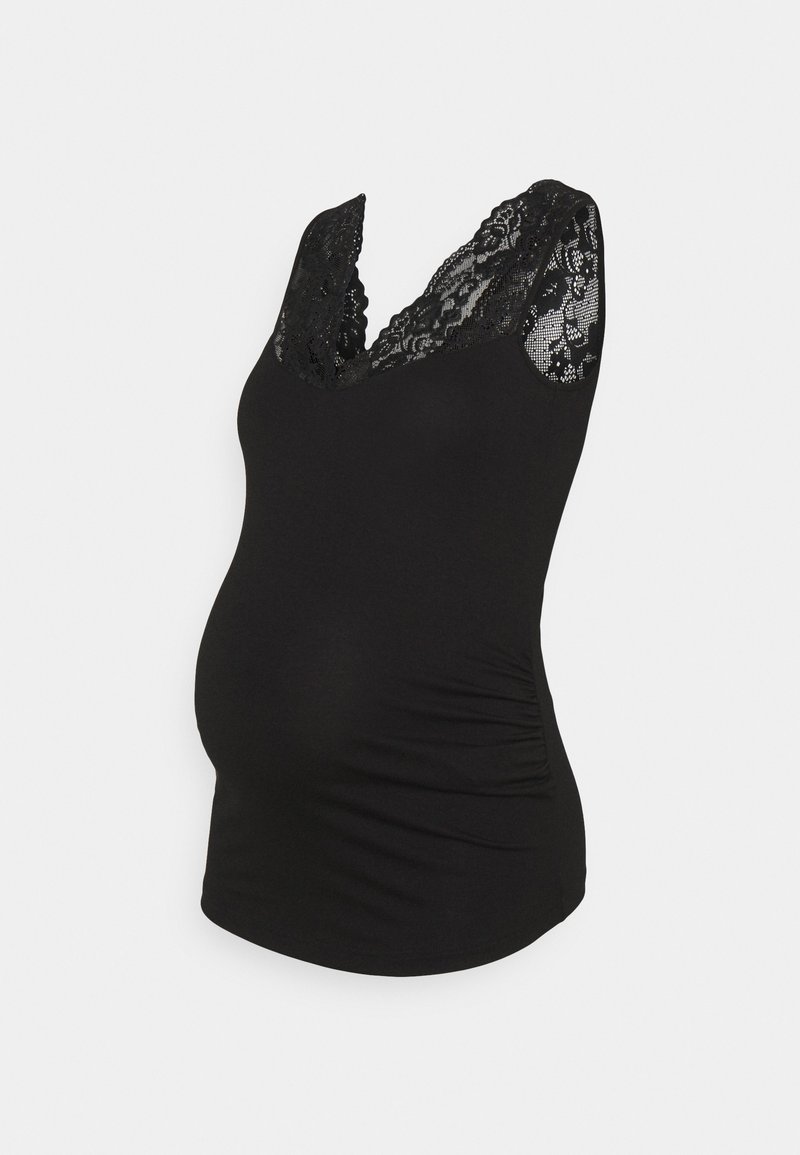 Camisola de maternidade preta feita de tecido macio, com uma bainha de renda na gola em V e costuras laterais franzidas para uma forma ajustada.