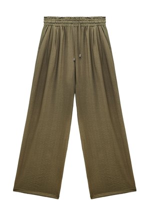 Weit geschnittene olivgrüne Hose mit elastischem Bund und Kordelzug, seitlichen Taschen und einer strukturierten Stoffoberfläche.