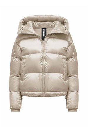 Beige glanzend gewatteerd jack met hoge kraag, ritssluiting aan de voorkant, zijzakken en geribde boorden, geschikt voor koud weer.