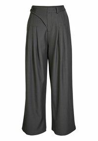 Dark gray wide-leg trousers with pleats and an asymmetrical waistband detail, displayed on a white background.