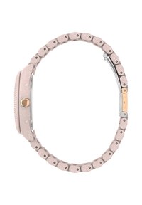 Pinke Smartwatch mit einem flexiblen Band aus abgerundeten Gliedern, das eine gesprenkelte Textur und eine silberfarbene Schnalle mit goldenem Akzent aufweist.