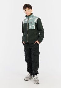 Groene fleecejas met een lichtgroene en witte gestreepte bovenkant, rits sluiting en een borstzakje aan de linkerkant. Gepaard met zwarte cargobroek.