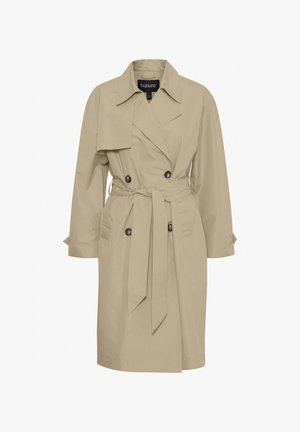 Bežový trenčkot s opaskom v páse, dvojradové gombíky, špicatý golier a dve predné vrecká. Vyrobený z ľahkej tkaniny.