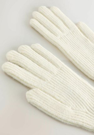 Vlněné rukavice v off-white barvě s ribbed texturou a designem na pět prstů, vyrobené z měkkého pleteného materiálu a s čistými okraji.