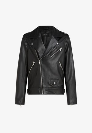 Černá kožená motocyklová bunda se stříbrnými zipy, asymetrickým předním dílem, širokým límcem a strukturovaným povrchem. Detaily zahrnují kapsy na patent.
