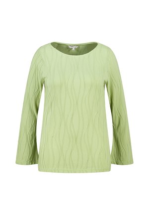 Lichtgroene lange mouw top met een gladde textuur en golvend ribbelpatroon, met een ronde halslijn en een ontspannen pasvorm.