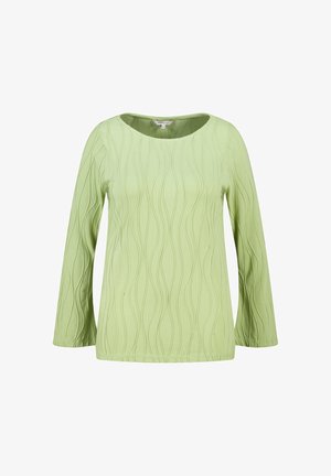 Lichtgroene lange mouw top met een gladde textuur en golvend ribbelpatroon, met een ronde halslijn en een ontspannen pasvorm.