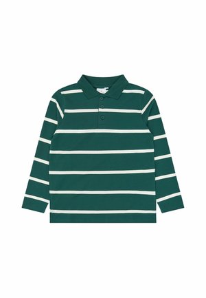 Polo manches longues vert foncé avec des rayures horizontales blanches et un col à patte à trois boutons.