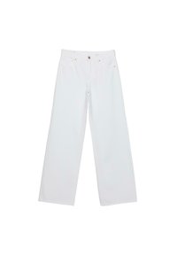 Pantalon blanc taille haute à jambes droites, avec fermeture par boutons et poches, présenté à plat sur fond blanc.