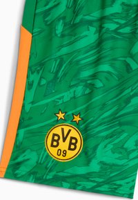 Camiseta deportiva verde con tela texturizada, detalles en naranja y un emblema circular negro y amarillo que presenta "BVB 09" y dos estrellas arriba.